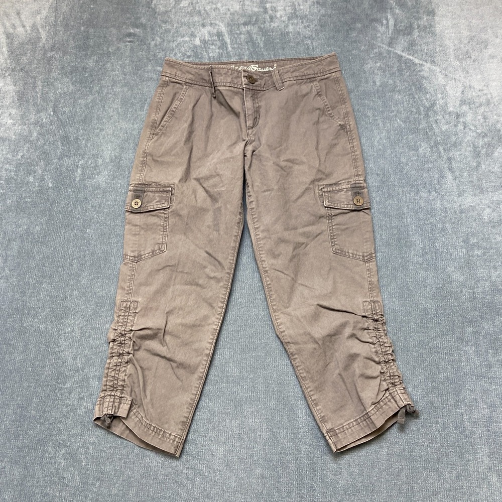 Eddie Bauer Cargo Pants Womens 2 Petite Gray Utility Pockets Ruched Hem Zip Fly